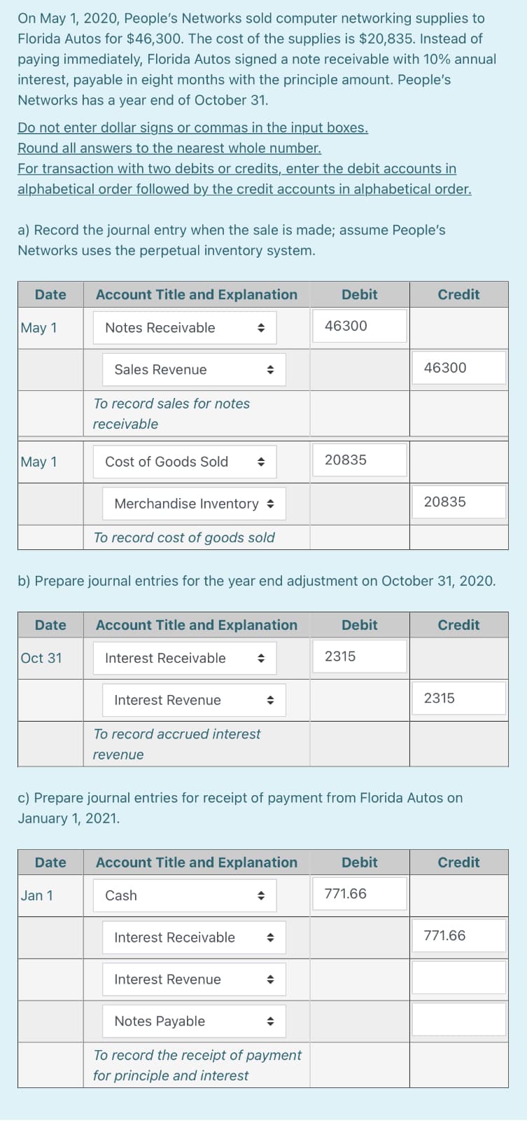 On May 1, 2020, People's Networks sold computer networking supplies to
Florida Autos for $46,300. The cost of the supplies is $20,835. Instead of
paying immediately, Florida Autos signed a note receivable with 10% annual
interest, payable in eight months with the principle amount. People's
Networks has a year end of October 31.
Do not enter dollar signs or commas in the input boxes.
Round all answers to the nearest whole number.
For transaction with two debits or credits, enter the debit accounts in
alphabetical order followed by the credit accounts in alphabetical order.
a) Record the journal entry when the sale is made; assume People's
Networks uses the perpetual inventory system.
Date
Account Title and Explanation
Debit
Credit
May 1
Notes Receivable
46300
Sales Revenue
46300
To record sales for notes
receivable
May 1
Cost of Goods Sold
20835
Merchandise Inventory →
20835
To record cost of goods sold
b) Prepare journal entries for the year end adjustment on October 31, 2020.
Date
Account Title and Explanation
Debit
Credit
Oct 31
Interest Receivable
2315
Interest Revenue
2315
To record accrued interest
revenue
c) Prepare journal entries for receipt of payment from Florida Autos on
January 1, 2021.
Date
Account Title and Explanation
Debit
Credit
Jan 1
Cash
771.66
Interest Receivable
771.66
Interest Revenue
Notes Payable
To record the receipt of payment
for principle and interest
