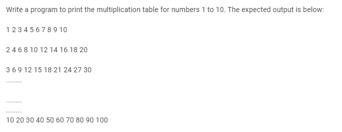 Write a program to print the multiplication table for numbers 1 to 10. The expected output is below:
12345678910
2 4 6 8 10 12 14 16 18 20
369 12 15 18 21 24 27 30
10 20 30 40 50 60 70 80 90 100