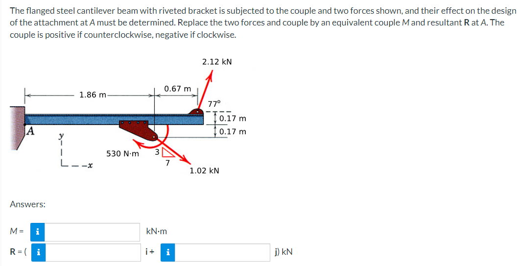 The flanged steel cantilever beam with riveted bracket is subjected to the couple and two forces shown, and their effect on the design
of the attachment at A must be determined. Replace the two forces and couple by an equivalent couple M and resultant R at A. The
couple is positive if counterclockwise, negative if clockwise.
A
Answers:
M = i
R=(i
1.86 m-
I
L--x
530 N·m
0.67 m
7
kN.m
i+ i
2.12 KN
77⁰
1.02 KN
0.17 m
0.17 m
j) KN