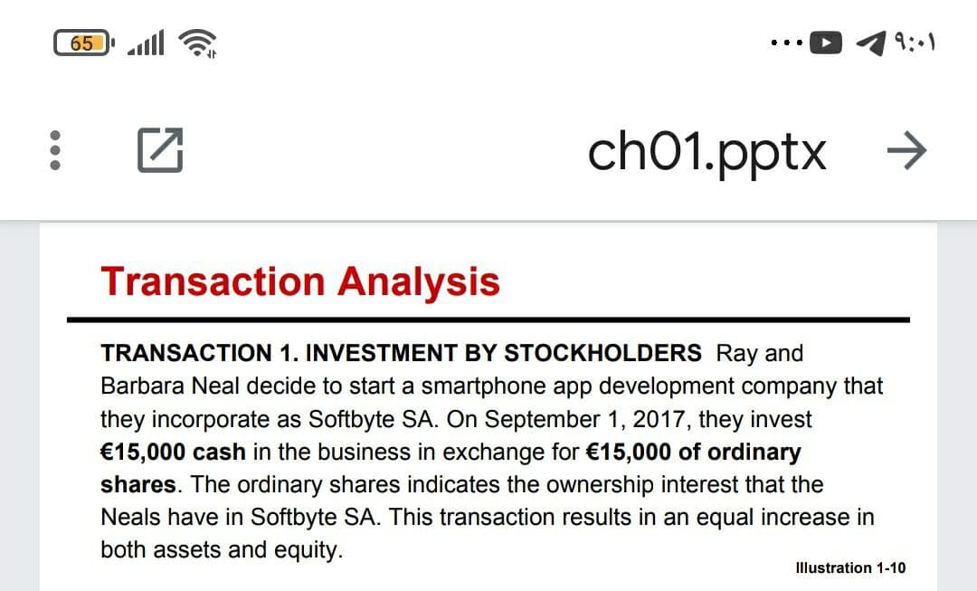 65
9:.1
ch01.pptx >
Transaction Analysis
TRANSACTION 1. INVESTMENT BY STOCKHOLDERS Ray and
Barbara Neal decide to start a smartphone app development company that
they incorporate as Softbyte SA. On September 1, 2017, they invest
€15,000 cash in the business in exchange for €15,000 of ordinary
shares. The ordinary shares indicates the ownership interest that the
Neals have in Softbyte SA. This transaction results in an equal increase in
both assets and equity.
Illustration 1-10
