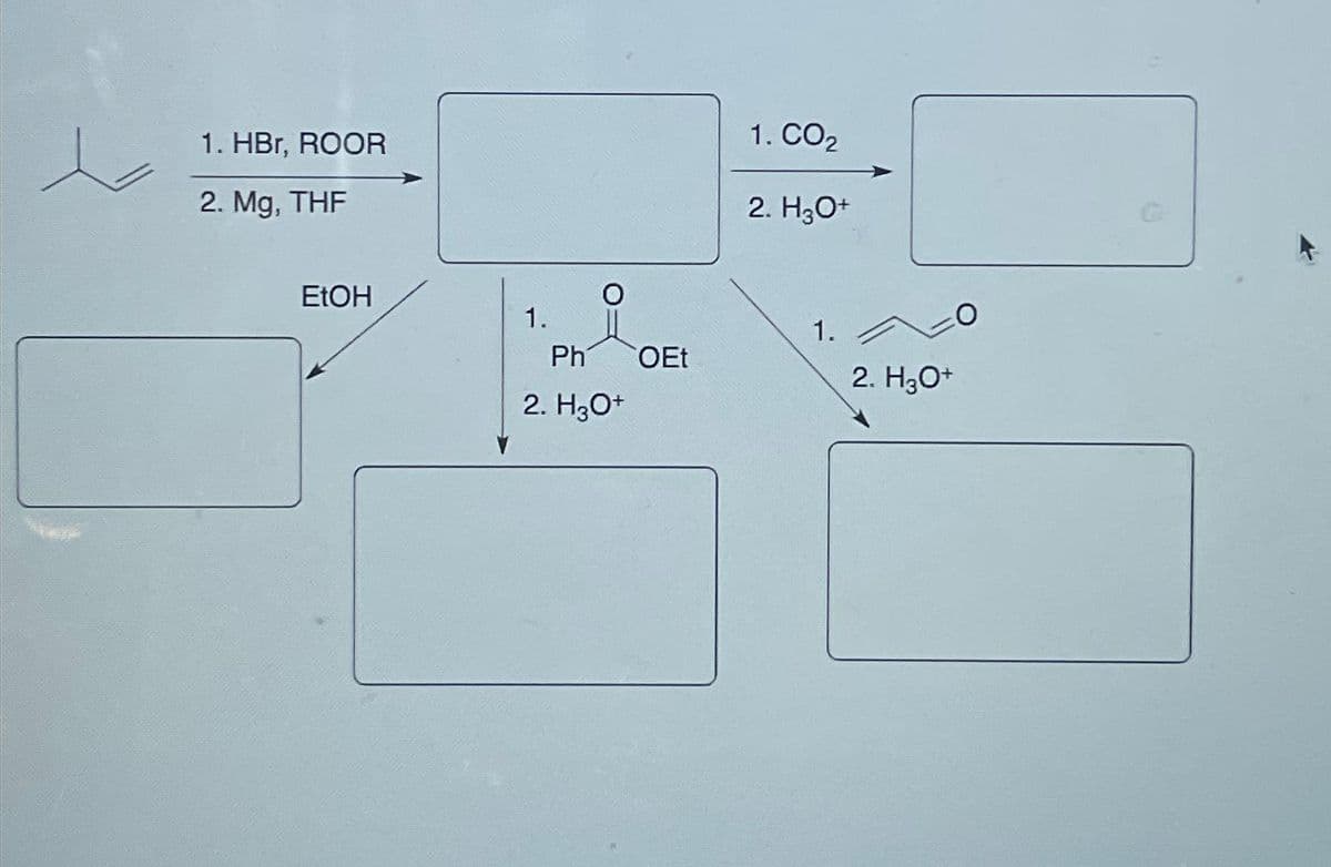 1. HBr, ROOR
2. Mg, THF
EtOH
1.
Ph
2. H3O+
OEt
1. CO₂
2. H3O+
1.
2. H₂O+