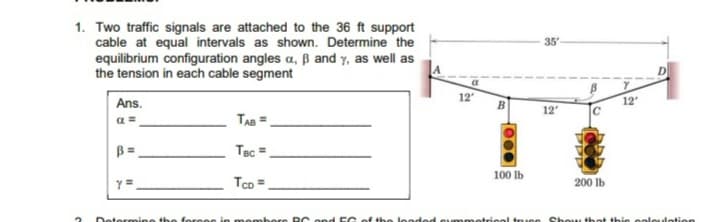 1. Two traffic signals are attached to the 36 ft support
cable at equal intervals as shown. Determine the
equilibrium configuration angles a, ß and y, as well as
the tension in each cable segment
35
D
12
Ans.
12
12'
a =
TAB =
B =
Tạc =
100 lb
Tco =
200 lb
Determine the forees in nembere RC ond EC of the leoded
mmotriool truse Shouu thot thie coloulotion
