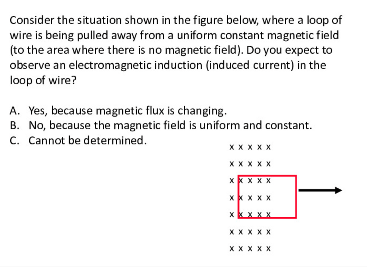 Consider the situation shown in the figure below, where a loop of
wire is being pulled away from a uniform constant magnetic field
(to the area where there is no magnetic field). Do you expect to
observe an electromagnetic induction (induced current) in the
loop of wire?
A. Yes, because magnetic flux is changing.
B. No, because the magnetic field is uniform and constant.
C. Cannot be determined.
X X X X X
X X X X X
X X X X X
X X X X X
x X x X X
X X X X X
X X X X X
