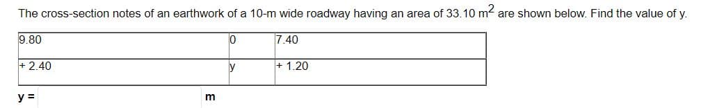 The cross-section notes of an earthwork of a 10-m wide roadway having an area of 33.10 m2 are shown below. Find the value of y.
9.80
lo
7.40
+ 2.40
ly
+ 1.20
y =
