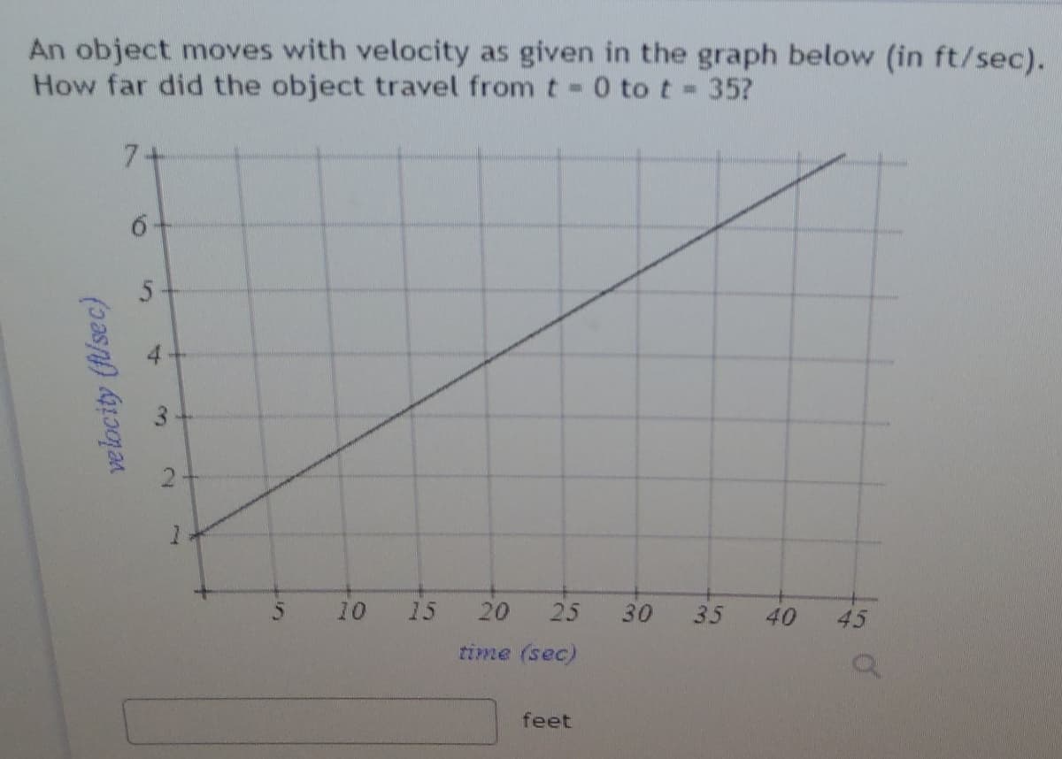 An object moves with velocity as given in the graph below (in ft/sec).
How far did the object travel from t- 0 to t- 35?
%3D
7.
10
15
20
25
30
35
40
45
time (sec)
feet
velocity (fl sec)
