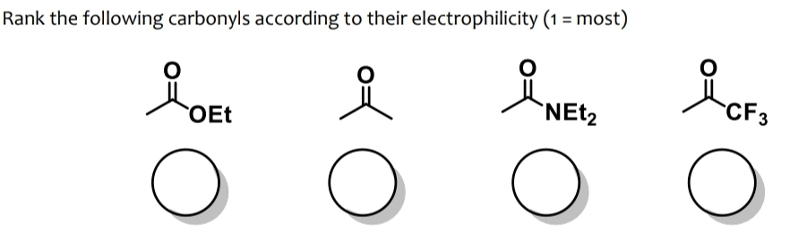 Rank the following carbonyls according to their electrophilicity (1 = most)
OEt
O
of O
NEt₂
O
CF3
O