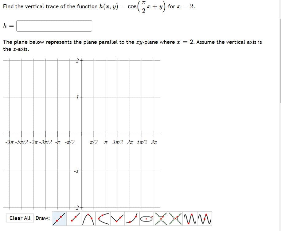 Find the vertical trace of the function h(x, y)
= COS
x + y) for =
= 2.
h =
The plane below represents the plane parallel to the zy-plane where a = 2. Assume the vertical axis is
the z-axis.
-3T -5x/2 -2n -37/2 -n -/2
t/2
1 31/2 2n 5n/2 3n
-2+
Clear All Draw:
