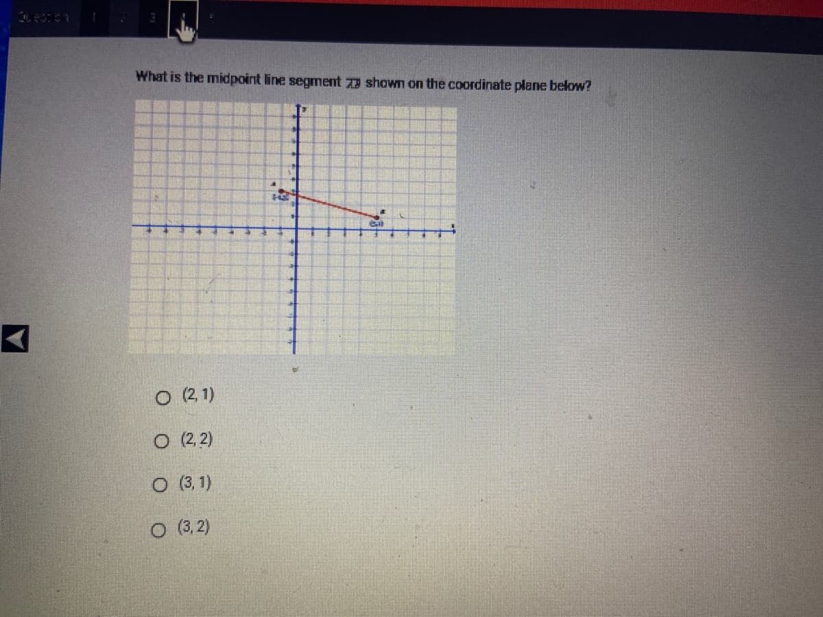 What is the midpoint line segment 2 shown on the coordinate plane below?
N
O (2,1)
O (2, 2)
O (3,1)
O (3,2)
29