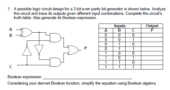 1. A possible logic circuit design for a 3-bit even parity bit generator is shown below. Analyze
the circuit and trace its outputs given different input combinations. Complete the circuit's
truth table. Also generate its Boolean expression.
Inputs
В
C
Output
A
A
B
1
1
1
P
1
1
1
1
1
1
Boolean expression:
Considering your derived Boolean function, simplify the equation using Boolean algebra.
