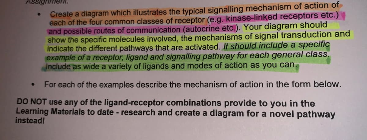 Assighment.
Create a diagram which illustrates the typical signalling mechanism of action of
each of the four common classes of receptor (e.g. kinase-linked receptors etc.)
and possible routes of communication (autocrine etc.). Your diagram should
show the specific molecules involved, the mechanisms of signal transduction and
indicate the different pathways that are activated. It should include a specific
example of a receptor, ligand and signalling pathway for each general class.
Include as wide a variety of ligands and modes of action as you can.
For each of the examples describe the mechanism of action in the form below.
DO NOT use any of the ligand-receptor combinations provide to you in the
Learning Materials to date - research and create a diagram for a novel pathway
instead!
