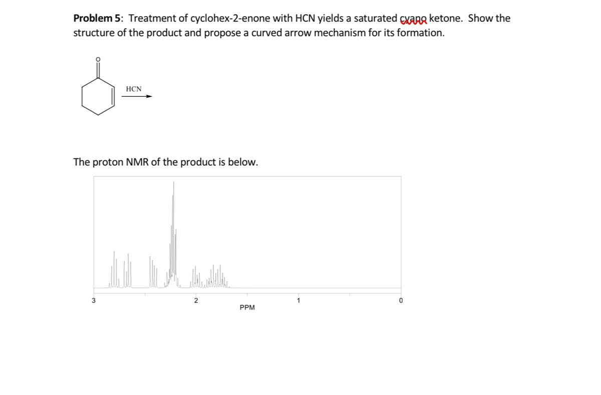 Problem 5: Treatment of cyclohex-2-enone with HCN yields a saturated cyang ketone. Show the
structure of the product and propose a curved arrow mechanism for its formation.
HCN
The proton NMR of the product is below.
PPM
