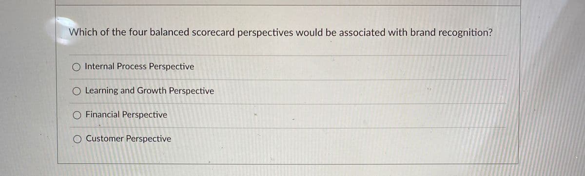 Which of the four balanced scorecard perspectives would be associated with brand recognition?
O Internal Process Perspective
O Learning and Growth Perspective
O Financial Perspective
O Customer Perspective
व
