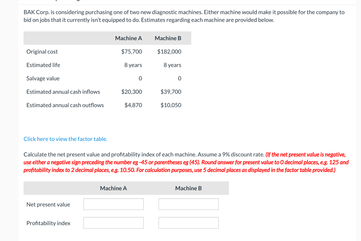 BAK Corp. is considering purchasing one of two new diagnostic machines. Either machine would make it possible for the company to
bid on jobs that it currently isn't equipped to do. Estimates regarding each machine are provided below.
Machine A
Machine B
Original cost
$75,700
$182,000
Estimated life
8 years
8 years
Salvage value
Estimated annual cash inflows
$20,300
$39,700
Estimated annual cash outflows
$4,870
$10,050
Click here to view the factor table.
Calculate the net present value and profitability index of each machine. Assume a 9% discount rate. (If the net present value is negative,
use either a negative sign preceding the number eg -45 or parentheses eg (45). Round answer for present value to O decimal places, e.g. 125 and
profitability index to 2 decimal places, e.g. 10.50. For calculation purposes, use 5 decimal places as displayed in the factor table provided.)
Machine A
Machine B
Net present value
Profitability index
