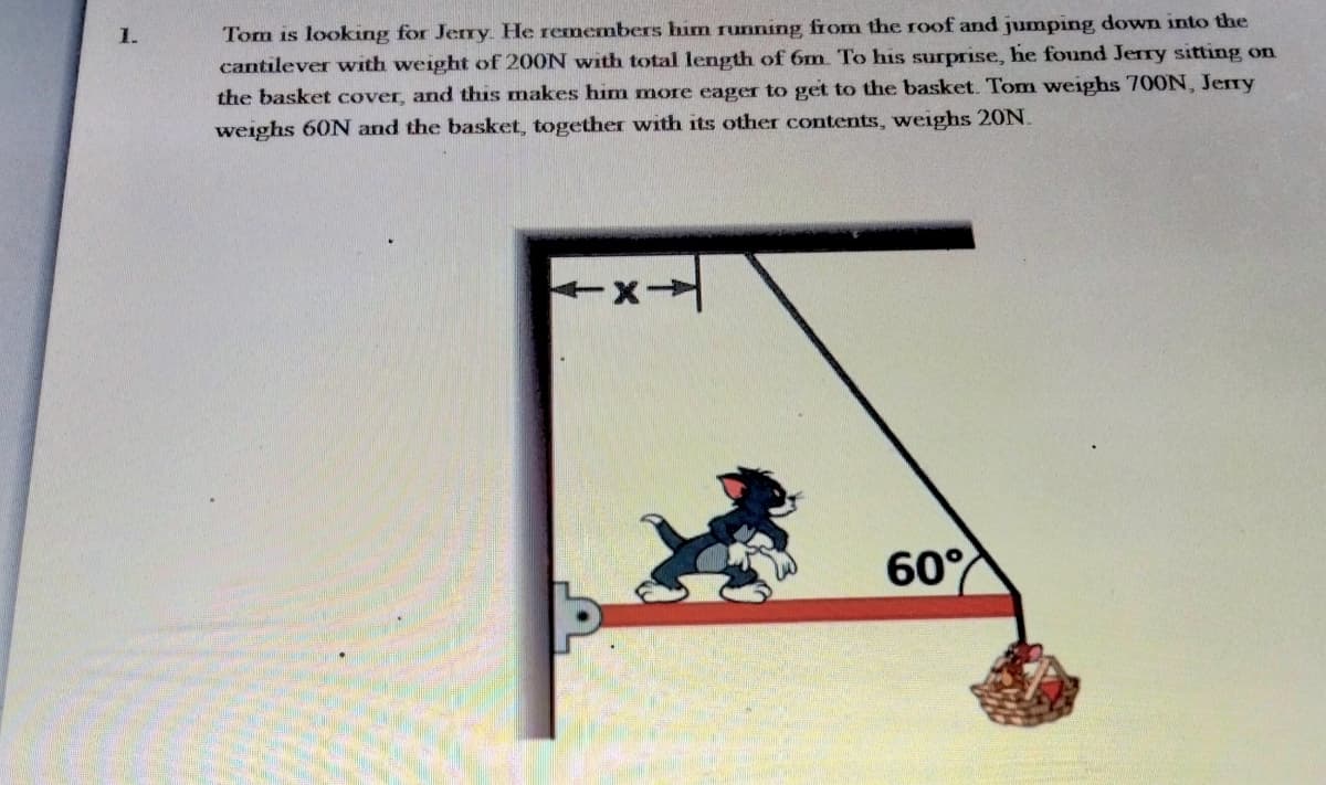 Tom is looking for Jery He remembers him running from the roof and jumping down into the
cantilever with weight of 200N with total length of 6m. To his surprise, he found Jerry sitting on
1.
the basket cover, and this makes him more eager to get to the basket. Tom weighs 700N, Jerry
weighs 60N and the basket, together with its other contents, weighs 20N.
60°
