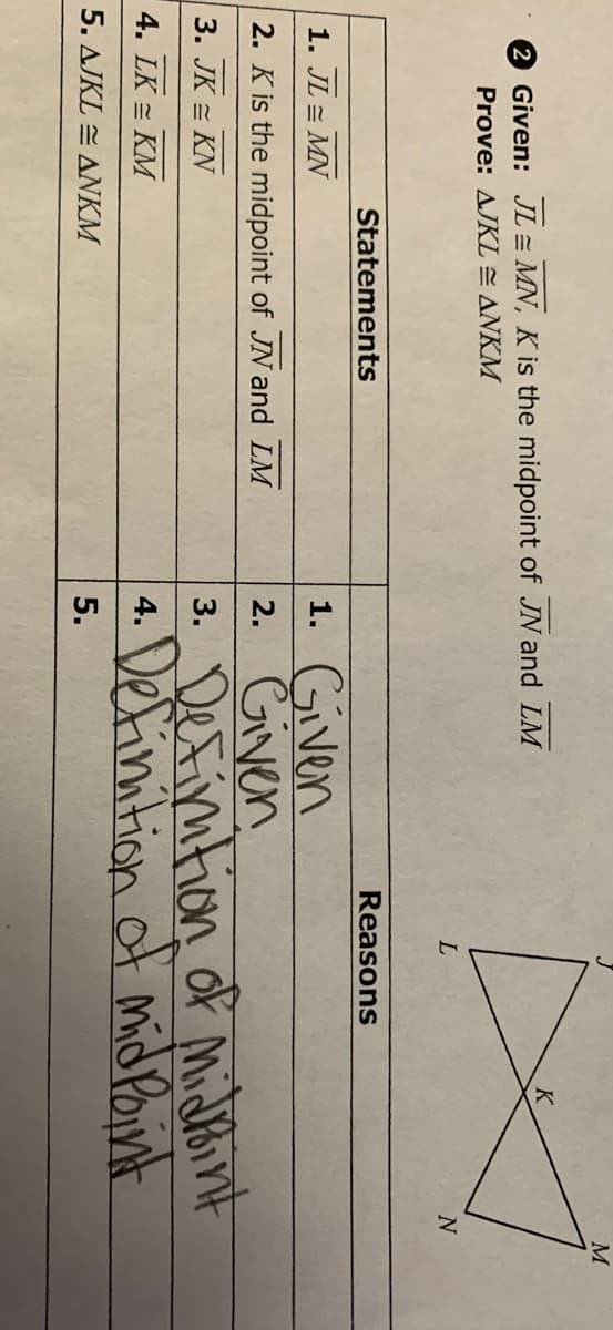 Given: JL MN, K is the midpoint of JN and LM
Prove: AJKL = ANKM
Statements
1. JL = MN
2. K is the midpoint of JN and LM
3. JK = KN
4. LK = KM
5.
AJKLANKM
1. Given
2. Given
3.
4.
5.
L
Reasons
K
N
Definition of Midrint
Definition of mid Point
M