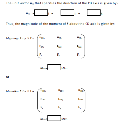 The unit vector u, that specifies the direction of the CD axis is given by:-
k
Thus, the magnitude of the moment of Fabout the CD axis is given by:-
McD = Uco • rCA X F=
F.
Mco
kNm
Or
Uc
Mco = Uco • roe x F=
Fy
Mco=
kNm
