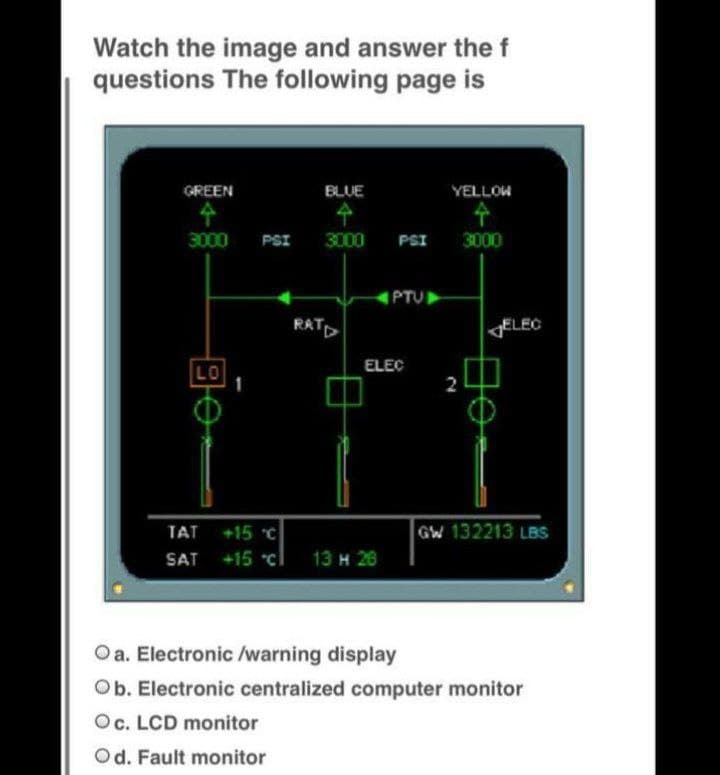 Watch the image and answer the f
questions The following page is
GREEN
BLUE
YELLOW
3000
PSI
3000
PSI
3000
IPTU
RATD
ELEC
ELEC
LO
2
Gw 132213 LBS
TAT +15 C
SAT +15 c
13 н 28
Oa. Electronic /warning display
Ob. Electronic centralized computer monitor
Oc. LCD monitor
Od. Fault monitor
