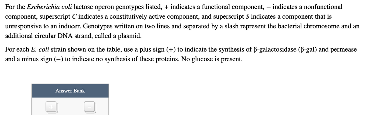 For the Escherichia coli lactose operon genotypes listed, + indicates a functional component, - indicates a nonfunctional
component, superscript C indicates a constitutively active component, and superscript S indicates a component that is
unresponsive to an inducer. Genotypes written on two lines and separated by a slash represent the bacterial chromosome and an
additional circular DNA strand, called a plasmid.
For each E. coli strain shown on the table, use a plus sign (+) to indicate the synthesis of ẞ-galactosidase (ẞ-gal) and permease
and a minus sign (—) to indicate no synthesis of these proteins. No glucose is present.
+
Answer Bank
