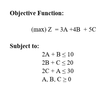 Objective Function:
(max) Z — 3А +4B + 5C
Subject to:
2A + B< 10
2B + С <20
2C + A< 30
А, В, С >0
