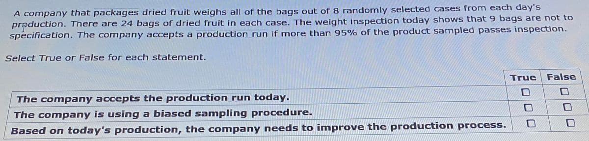 A company that packages dried fruit weighs all of the bags out of 8 randomly selected cases from each day's
praduction. There are 24 bags of dried fruit in each case. The weight inspection today shows that 9 bags are not to
specification. The comnpany accepts a production run if more than 95% of the product sampled passes inspection.
Select True or False for each statement.
True
False
The company accepts the production run today.
The company is using a biased sampling procedure.
Based on today's production, the company needs to improve the production process.
