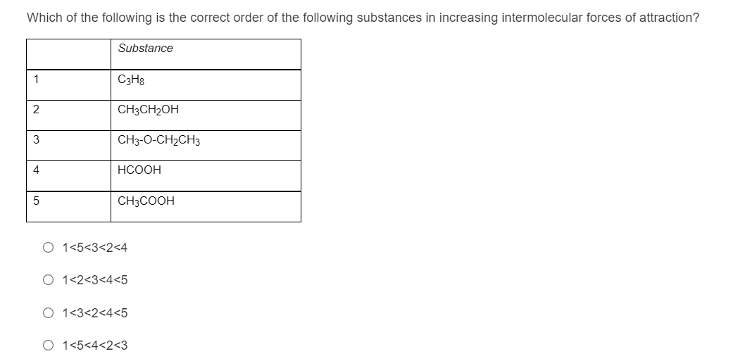 Which of the following is the correct order of the following substances in increasing intermolecular forces of attraction?
Substance
1
C3H8
2
CH3CH2OH
CH3-O-CH2CH3
4
НСООН
5
CH3COOH
O 1<5<3<2<4
O 1<2<3<4<5
O 1<3<2<4<5
O 1<5<4<2<3
