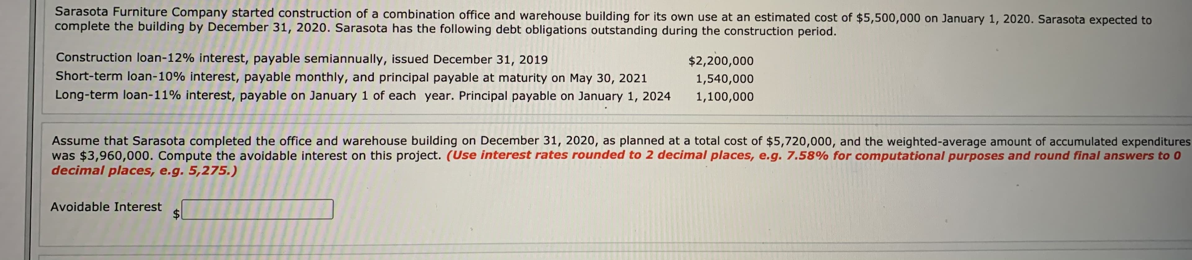 ompute the avoidable interest on this project. (Us
