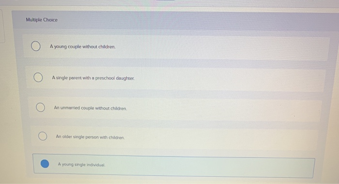 Multiple Choice
O
A young couple without children.
A single parent with a preschool daughter.
An unmarried couple without children.
An older single person with children.
A young single individual.