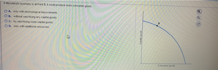 If Microland's economy is at Point B, t could produce more consumer goods
OA. only with technological improvements.
OB. without sacrificing any capital goods
OC. by sacrificing some capital goods.
OD. only with additional resources.
Capital goods
B
Consumer goods
C