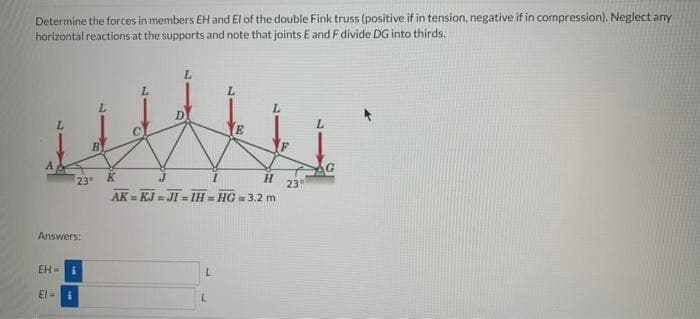 Determine the forces in members EH and El of the double Fink truss (positive if in tension, negative if in compression). Neglect any
horizontal reactions at the supports and note that joints E and F divide DG into thirds.
A
23⁰ K
Answers:
B
EH- &
El- i
D
E
H
m
AK=KJ=JI=IH=HG=3.2
P
23⁰
G