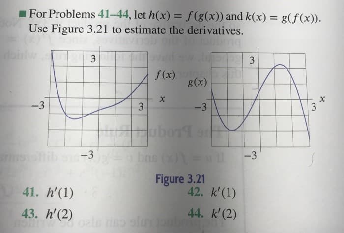 For Problems 41-44, let h(x) = f(g(x)) and k(x) = g(f(x)).
Use Figure 3.21 to estimate the derivatives.
3
-3
g(x)
-3
ubo11 or
Snoroftib sus-3 bus (x)=xll
Figure 3.21
41. h'(1)
43. h'(2)
GOTT02
f(x)
3
8
42. k'(1)
44. k' (2)
oals rise olur toubot
3
-3
3
8