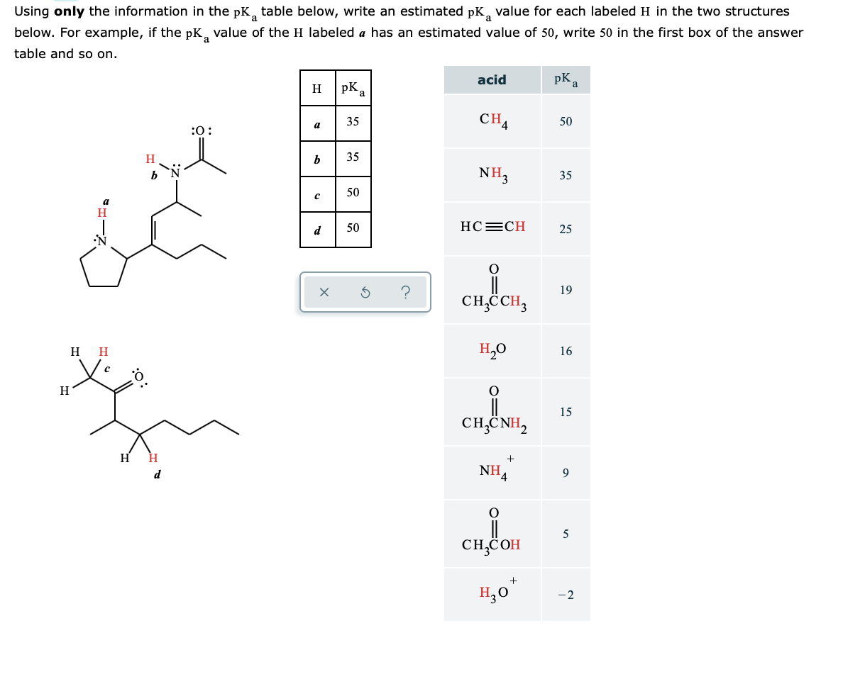 Using only the information in the pK, table below, write an estimated pK, value for each labeled H in the two structures
below. For example, if the pK, value of the H labeled a has an estimated value of 50, write 50 in the first box of the answer
table and so on.
acid
pK,
a
H
pK,
a
CH4
35
50
a
:0:
H
35
b
NH3
35
50
с
a
d
50
HC=CH
25
19
CH,CCH,
H,0
16
H
H
H
15
CH,CNH,
+
NH4
9
5
CH,COH
+
H,0*
- 2
* 0=
0=
