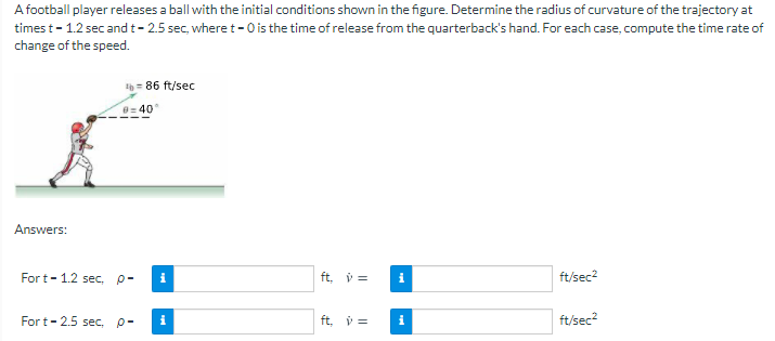 A football player releases a ball with the initial conditions shown in the figure. Determine the radius of curvature of the trajectory at
times t- 1.2 sec andt- 2.5 sec, where t- 0 is the time of release from the quarterback's hand. For each case, compute the time rate of
change of the speed.
86 ft/sec
= 40
Answers:
For t- 1.2 sec, p-
i
ft. v =
ft/sec2
For t- 2.5 sec, p-
i
ft, v =
i
ft/sec?
