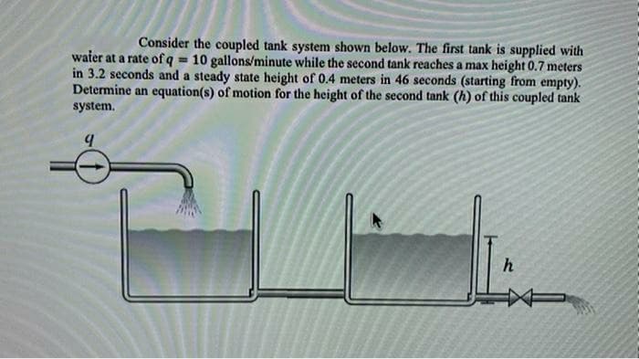 Consider the coupled tank system shown below. The first tank is supplied with
water at a rate of q = 10 gallons/minute while the second tank reaches a max height 0.7 meters
in 3.2 seconds and a steady state height of 0.4 meters in 46 seconds (starting from empty).
Determine an equation(s) of motion for the height of the second tank (h) of this coupled tank
system.
