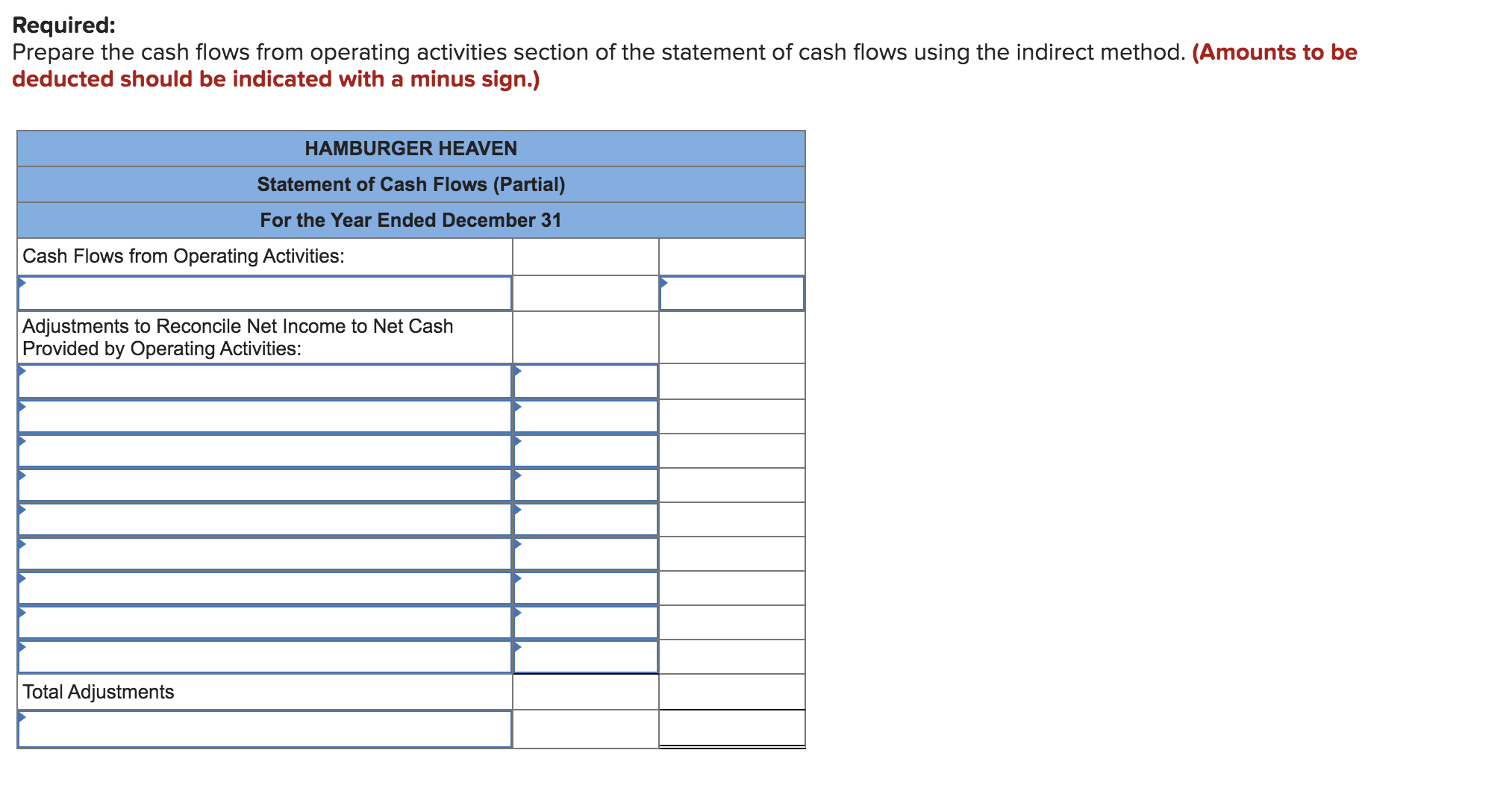 Required:
Prepare the cash flows from operating activities section of the statement of cash flows using the indirect method. (Amounts to be
deducted should be indicated with a minus sign.)
HAMBURGER HEAVEN
Statement of Cash Flows (Partial)
For the Year Ended December 31
Cash Flows from Operating Activities:
Adjustments to Reconcile Net Income to Net Cash
Provided by Operating Activities:
Total Adjustments
