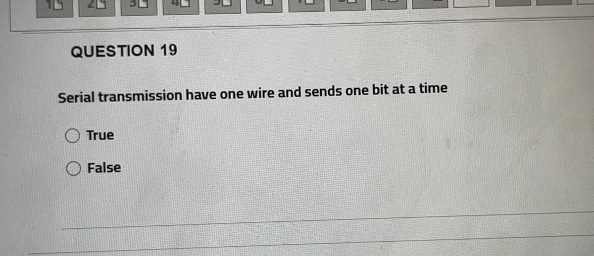 QUESTION 19
Serial transmission have one wire and sends one bit at a time
O True
O False
