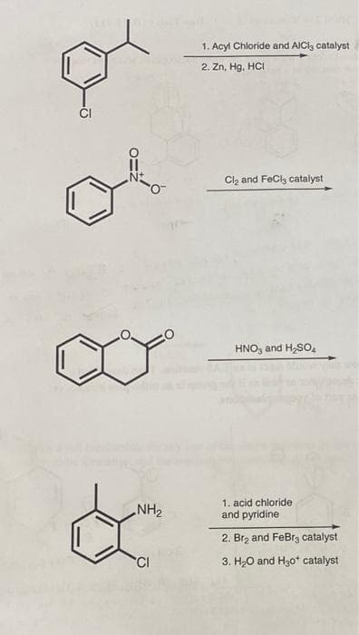 L
a
N+
NH₂
CI
1. Acyl Chloride and AlCl3 catalyst
2. Zn, Hg, HCI
Cl₂ and FeCl3 catalyst
HNO3 and H₂SO4
1. acid chloride
and pyridine
2. Br₂ and FeBr3 catalyst
3. H₂O and H₂o* catalyst