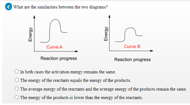 © What are the similarities between the two diagrams?
Curve A
Curve B
Reaction progress
Reaction progress
O In both cases the activation energy remains the same.
O The energy of the reactants equals the energy of the products.
O The average energy of the reactants and the average energy of the products remain the same.
O The energy of the products is lower than the energy of the reactants.
Energy
Energy
