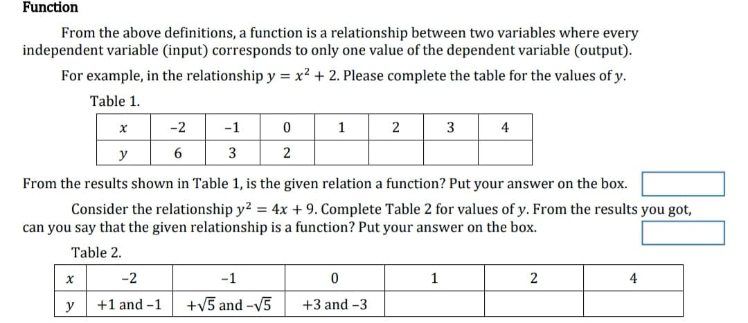 Function
From the above definitions, a function is a relationship between two variables where every
independent variable (input) corresponds to only one value of the dependent variable (output).
For example, in the relationship y = x² + 2. Please complete the table for the values of y.
Table 1.
-2
-1
1
2
3
4
y
From the results shown in Table 1, is the given relation a function? Put your answer on the box.
Consider the relationship y2 = 4x + 9. Complete Table 2 for values of y. From the results you got,
can you say that the given relationship is a function? Put your answer on the box.
Table 2.
-2
-1
1
4
y
+1 and –1
+v5 and -V5
+3 and -3
