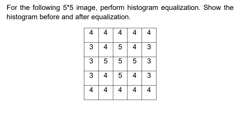 For the following 5*5 image, perform histogram equalization. Show the
histogram before and after equalization.
4
4
4
4
4
3
4
4
3
3
5
3
3
5
4
3
4
4
4
4
4
5
5
4.
