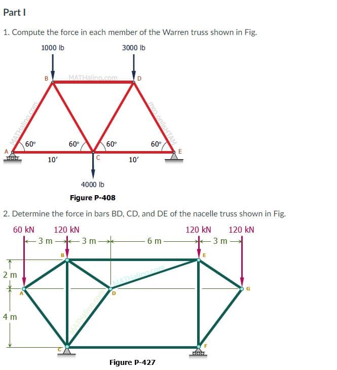 Part I
1. Compute the force in each member of the Warren truss shown in Fig.
1000 Ib
3000 Ib
в
D
MATHalino.com
60°
60°
60°
60°
10'
10'
4000 Ib
Figure P-408
2. Determine the force in bars BD, CD, and DE of the nacelle truss shown in Fig.
60 kN
120 kN
120 kN
120 kN
3 m
3 m
6 m
3 m
2 m
MATHalino com
A
4 m
Figure P-427
moo.onilsHTAM
MATHalino.com
