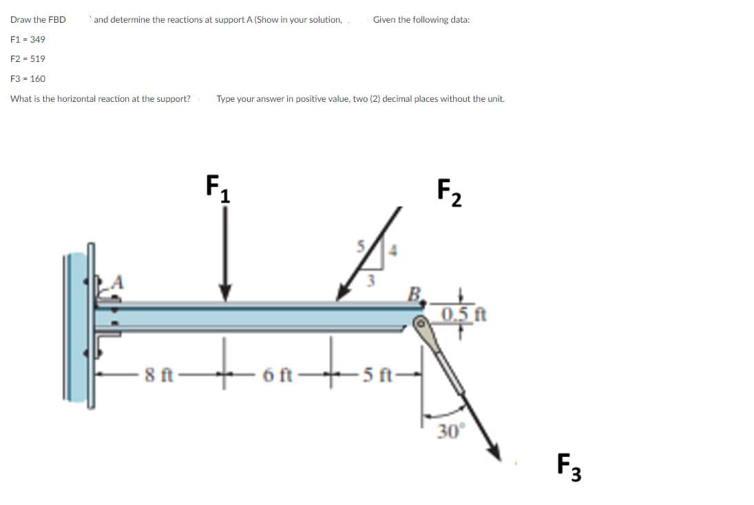 Draw the FBD
and determine the reactions at support A (Show in your solution,
Given the following data:
F1 = 349
F2 = 519
F3 = 160
What is the horizontal reaction at the support?
Type your answer in positive value, two (2) decimal places without the unit,
F,
F2
1
0.5 ft
to
8 t-
6 ft
- 5 ft-
30°
F3
