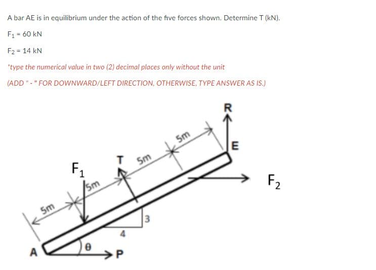 A bar AE is in equilibrium under the action of the five forces shown. Determine T (kN).
F1 = 60 kN
%3D
F2 = 14 kN
"type the numerical value in two (2) decimal places only without the unit
(ADD "- "FOR DOWNWARD/LEFT DIRECTION, OTHERWISE, TYPE ANSWER AS IS.)
5m
F1
Sm
E
5m
5m
F2
3
