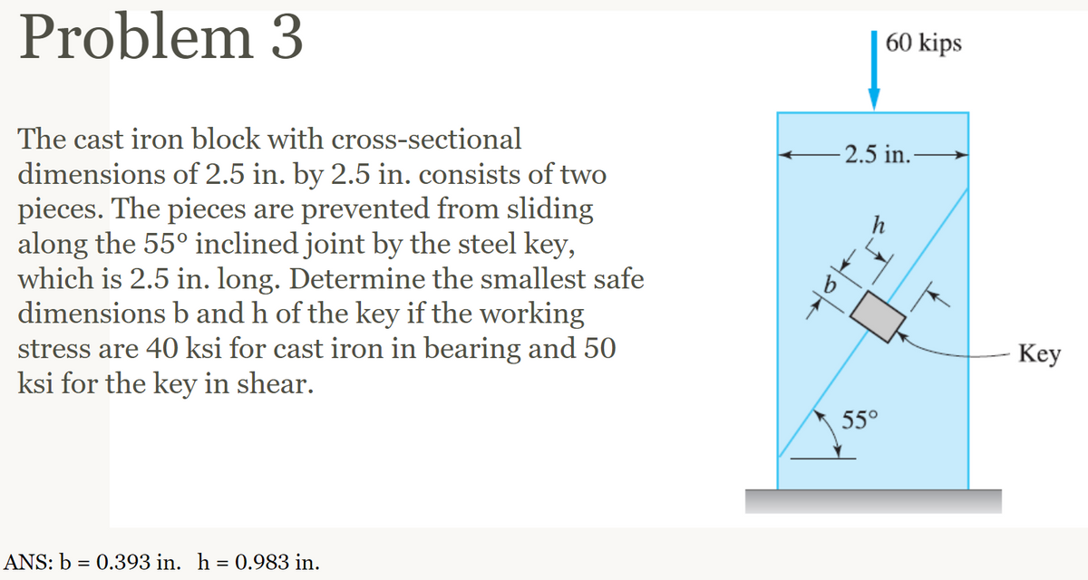 Problem 3
The cast iron block with cross-sectional
dimensions of 2.5 in. by 2.5 in. consists of two
pieces. The pieces are prevented from sliding
along the 55° inclined joint by the steel key,
which is 2.5 in. long. Determine the smallest safe
dimensions b and h of the key if the working
stress are 40 ksi for cast iron in bearing and 50
ksi for the key in shear.
ANS: b = 0.393 in. h = 0.983 in.
60 kips
2.5 in.-
55°
Key