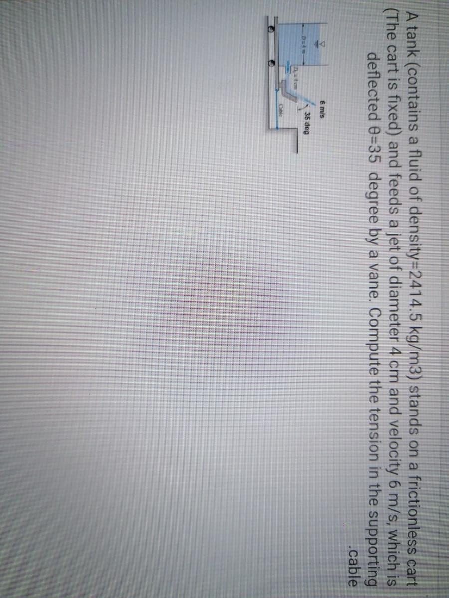 A tank (contains a fluid of density3D2414.5 kg/m3) stands on a frictionless cart
(The cart is fixed) and feeds a jet of diameter 4 cm and velocity 6 m/s, which is
deflected 0=35 degree by a vane. Compute the tension in the supporting
.cable
6 m/s
35 deg
-D 4 m.
