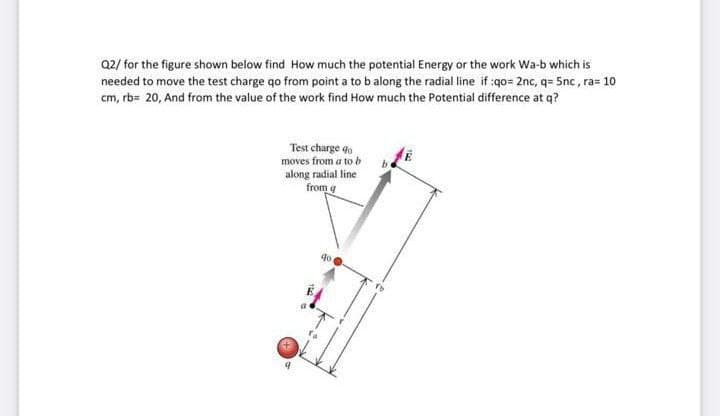 Q2/ for the figure shown below find How much the potential Energy or the work Wa-b which is
needed to move the test charge qo from point a to b along the radial line if :qo= 2nc, q= 5nc, ra= 10
cm, rb= 20, And from the value of the work find How much the Potential difference at q?
Test charge qo
moves from a to b
along radial line
from g
