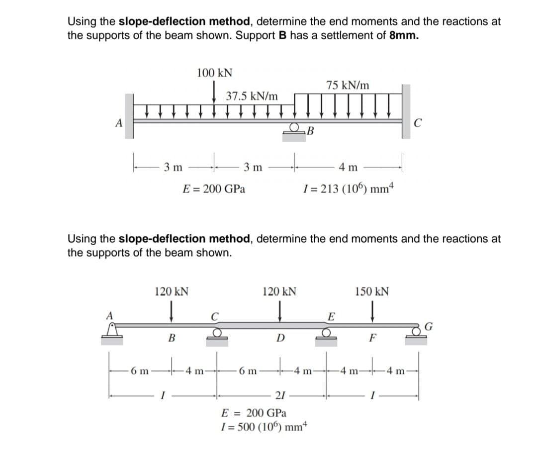 Using the slope-deflection method, determine the end moments and the reactions at
the supports of the beam shown. Support B has a settlement of 8mm.
A
37.5 kN/m
podan.gru
A
6 m
100 KN
3 m + 3 m
E = 200 GPa
120 KN
Į
B
Using the slope-deflection method, determine the end moments and the reactions at
the supports of the beam shown.
4 m
6 m
120 KN
B
D
75 kN/m
4 m
I=213 (106) mm4
-4 m
21
E = 200 GPa
I= 500 (106) mm4
E
150 KN
-4 m
F
C
4 m