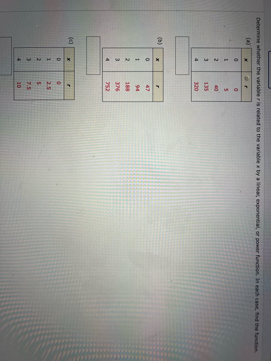 Determine whether the variable r is related to the variable x by a linear, exponential, or power function. In each case, find the function.
(a)
(b)
O
X
0
OHN M +
1
2
3
4
X
0
WNHO
2
3
4
X
A WNHO
2
3
4
0
5
40
135
320
r
47
94
188
376
752
r
0
2.5
5
7.5
10