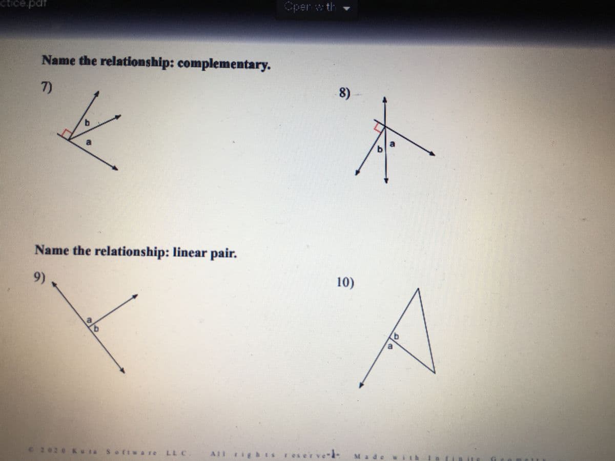 **Complementary and Linear Pair Relationships in Angles**

**Complementary Angles:**

**7) Diagram Explanation:**  
- Two angles, labeled `a` and `b`, are formed by two intersecting lines. 
- Angle `a` is adjacent to angle `b`, sharing a common arm.
- The diagram includes a right angle (90 degrees) symbol between the two angles, indicating that the sum of angles `a` and `b` is 90 degrees. This defines them as complementary angles.

**8) Diagram Explanation:**  
- Similar to the previous diagram, two angles, `a` and `b`, are adjacent.
- There is a right angle symbol where the two arms meet, indicating that angles `a` and `b` add up to 90 degrees, representing a complementary relationship.

**Linear Pair of Angles:**

**9) Diagram Explanation:**  
- Two angles, labeled `a` and `b`, are shown on a straight line.
- These angles are adjacent and together form a straight line, thus summing up to 180 degrees. This is a defining characteristic of a linear pair of angles.

**10) Diagram Explanation:**  
- Angles `a` and `b` are adjacent and form a triangle shape within the diagram.
- The straight line on one side further emphasizes that the combination of these two angles results in a linear pair, summing to 180 degrees.

These diagrams illustrate fundamental concepts in geometry related to complementary angles, which sum to 90 degrees, and linear pairs, which sum to 180 degrees, helping in understanding angle relationships in various geometric contexts.