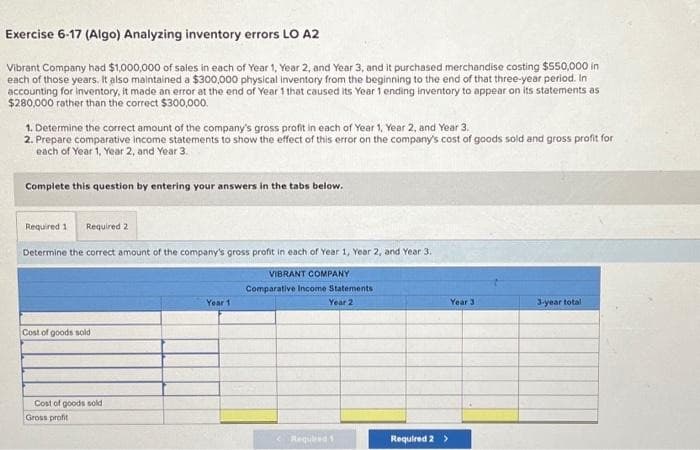 Exercise 6-17 (Algo) Analyzing inventory errors LO A2
Vibrant Company had $1,000,000 of sales in each of Year 1, Year 2, and Year 3, and it purchased merchandise costing $550,000 in
each of those years. It also maintained a $300,000 physical inventory from the beginning to the end of that three-year period. In
accounting for inventory, it made an error at the end of Year 1 that caused its Year 1 ending inventory to appear on its statements as
$280,000 rather than the correct $300,000.
1. Determine the correct amount of the company's gross profit in each of Year 1, Year 2, and Year 3.
2. Prepare comparative income statements to show the effect of this error on the company's cost of goods sold and gross profit for
each of Year 1, Year 2, and Year 3.
Complete this question by entering your answers in the tabs below.
Required 1 Required 2
Determine the correct amount of the company's gross profit in each of Year 1, Year 2, and Year 3.
VIBRANT COMPANY
Cost of goods sold
Cost of goods sold
Gross profit
Year 1
Comparative Income Statements :
Year 2
Required 1
Required 2 >
Year 3
3-year total