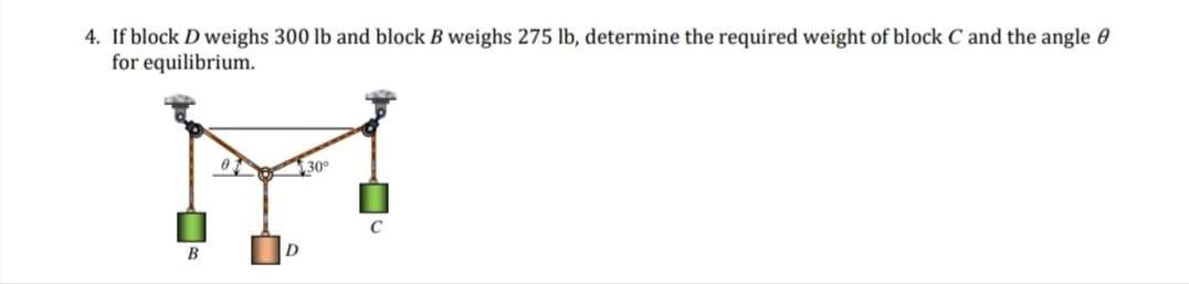 4. If block D weighs 300 lb and block B weighs 275 lb, determine the required weight of block C and the angle
for equilibrium.
M
30°
D
B